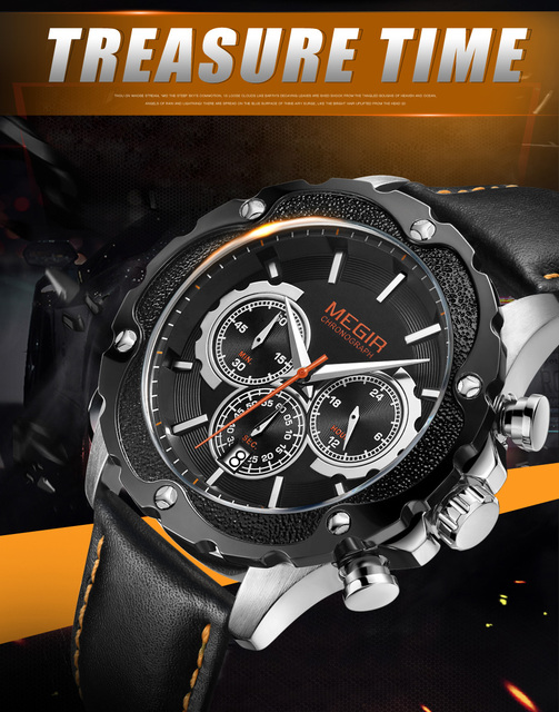 Męski zegarek MEGIR wodoodporny, skórzany, świetlny, wielofunkcyjny, chronograficzny, kwarcowy, moda sportowa - Wianko - 2