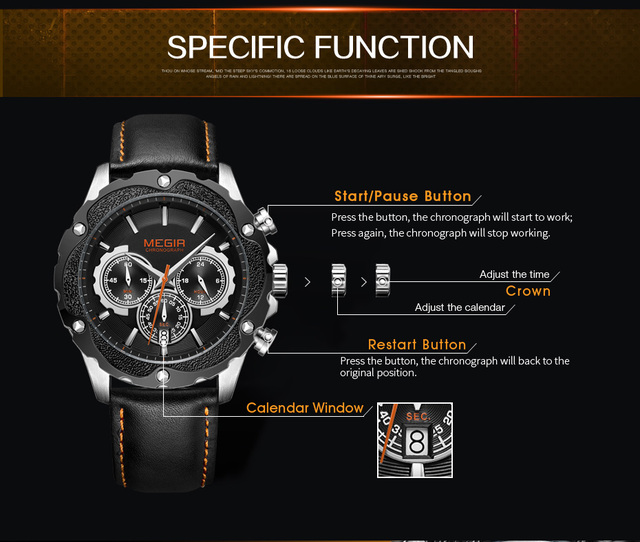 Męski zegarek MEGIR wodoodporny, skórzany, świetlny, wielofunkcyjny, chronograficzny, kwarcowy, moda sportowa - Wianko - 6