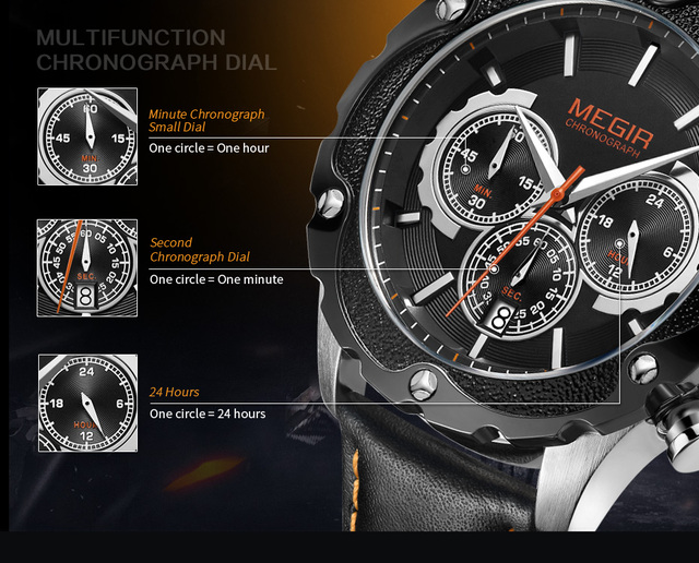 Męski zegarek MEGIR wodoodporny, skórzany, świetlny, wielofunkcyjny, chronograficzny, kwarcowy, moda sportowa - Wianko - 7