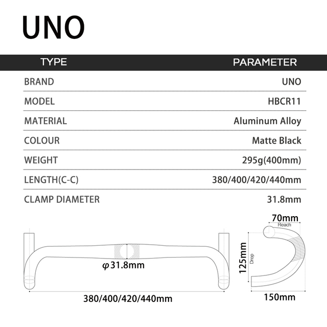 Kierownica rowerowa UNO rączka spadek Bar Ultralight Road 31.8mm 380/400/420/440mm, 7-stopniowa część do roweru - Wianko - 2