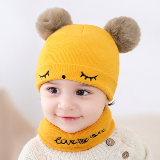 Zestaw dwóch ciepłych jesienno-zimowych czapek niemowlęcych z szalikami i podwójnymi pomponami - dla chłopców i dziewczynek - Wianko - 4