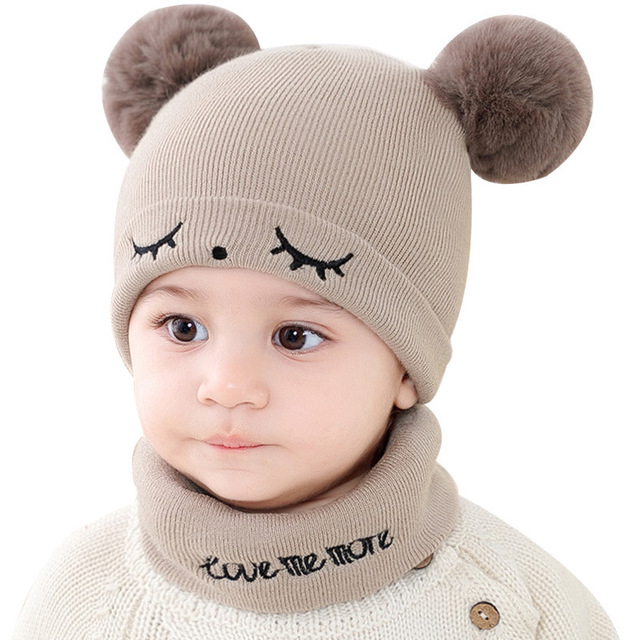 Zestaw dwóch ciepłych jesienno-zimowych czapek niemowlęcych z szalikami i podwójnymi pomponami - dla chłopców i dziewczynek - Wianko - 2