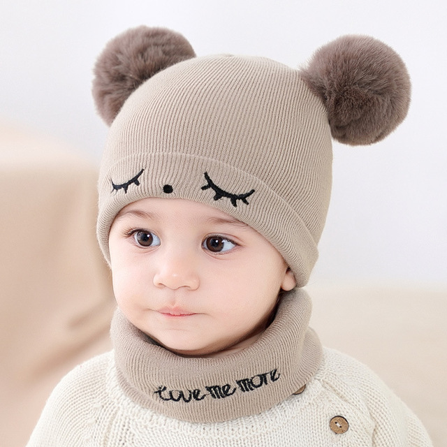 Zestaw dwóch ciepłych jesienno-zimowych czapek niemowlęcych z szalikami i podwójnymi pomponami - dla chłopców i dziewczynek - Wianko - 5