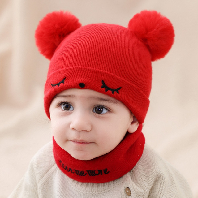 Zestaw dwóch ciepłych jesienno-zimowych czapek niemowlęcych z szalikami i podwójnymi pomponami - dla chłopców i dziewczynek - Wianko - 3