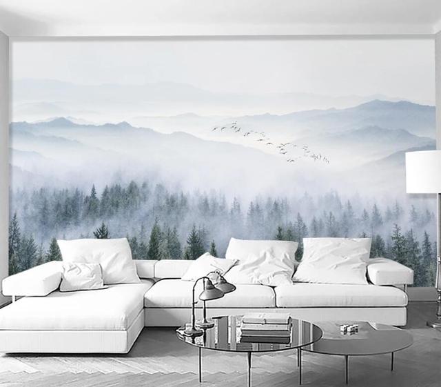 Milofi niestandardowe tapety 3D - mural las, nowoczesne chmury, góry, ptaki - Nordic tło - Wianko - 4