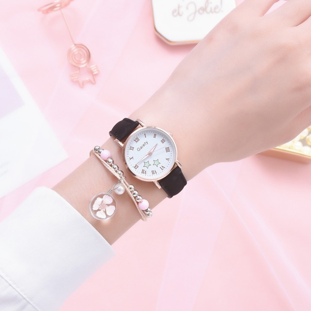 Nowy zegarek damski Luminous z casualowym wzorem gwiazdy; skórzany pasek; prosty, mały cyferblat; kwarcowy mechanizm; kolor: różowy - Wianko - 3