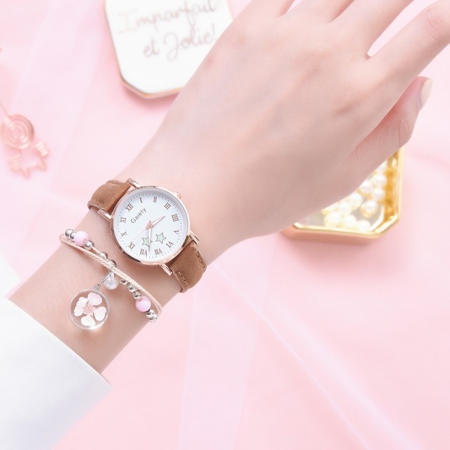 Nowy zegarek damski Luminous z casualowym wzorem gwiazdy; skórzany pasek; prosty, mały cyferblat; kwarcowy mechanizm; kolor: różowy - Wianko - 7