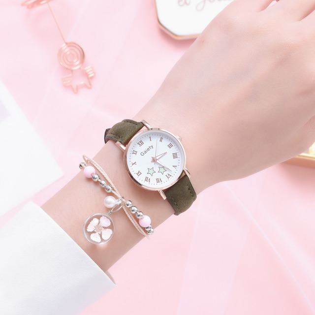 Nowy zegarek damski Luminous z casualowym wzorem gwiazdy; skórzany pasek; prosty, mały cyferblat; kwarcowy mechanizm; kolor: różowy - Wianko - 6