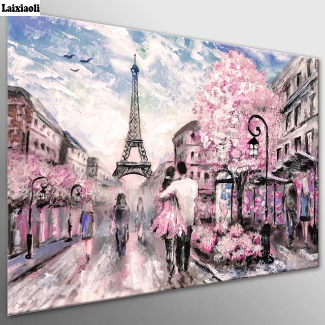 Obraz diamentowy - Paryż, romantyczna para, różowa ulica, mozaika - Wianko - 2