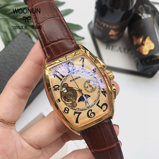 Zegarek męski mechaniczny Tonneau luksusowy wodoodporny ze skórzanym paskiem - Wianko - 11
