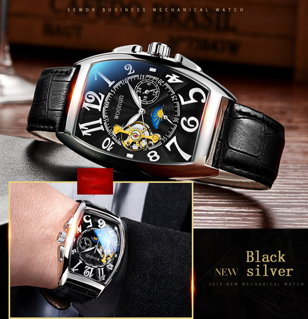 Zegarek męski mechaniczny Tonneau luksusowy wodoodporny ze skórzanym paskiem - Wianko - 7