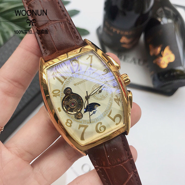 Zegarek męski mechaniczny Tonneau luksusowy wodoodporny ze skórzanym paskiem - Wianko - 12