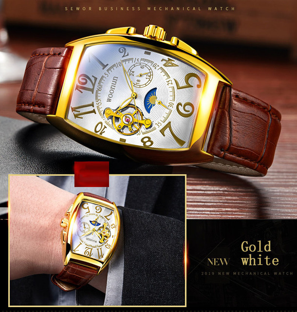 Zegarek męski mechaniczny Tonneau luksusowy wodoodporny ze skórzanym paskiem - Wianko - 4