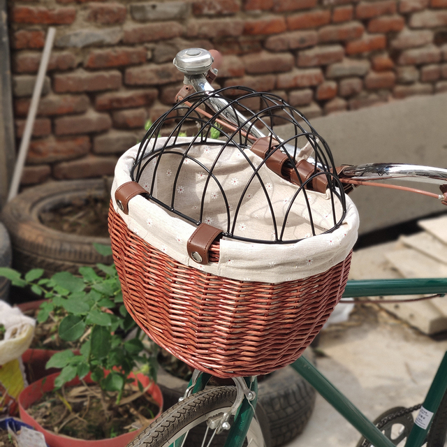 Koszyk rowerowy na przewóz psów - siedzisko ręcznie plecione z wikliny dla kota lub psa z możliwością zamontowania na przednim kole roweru - Wianko - 4