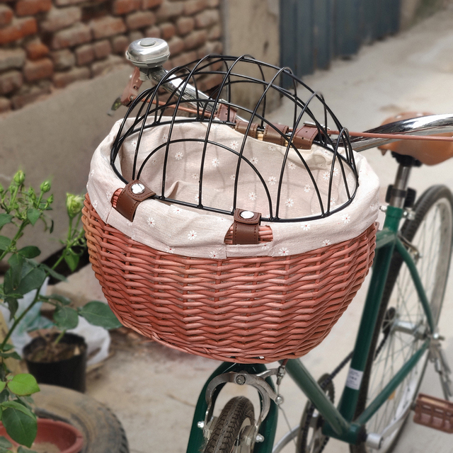 Koszyk rowerowy na przewóz psów - siedzisko ręcznie plecione z wikliny dla kota lub psa z możliwością zamontowania na przednim kole roweru - Wianko - 15