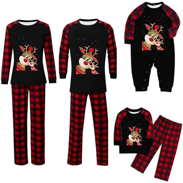 Jednakowe piżamy bożonarodzeniowe dla całej rodziny z nadrukiem jeleni, długa bielizna nocna i spodnie garnitur - Wianko - 2