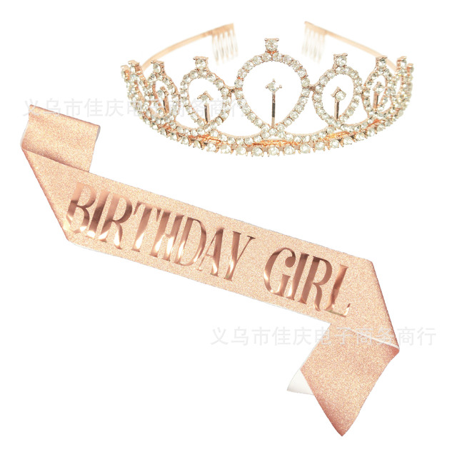 Czapka korona dziewczyna różowe złoto pasek ramiączko błyszczące urodzinowe zestaw 321 - Wianko - 9