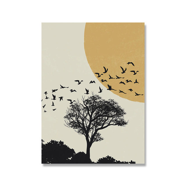 Obraz ścienny - Słońce plakat z górami i ptakami, spalony pomarańczowy obraz na płótnie, abstrakcyjny krajobraz - Wianko - 6