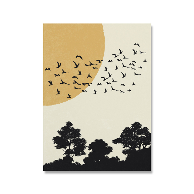 Obraz ścienny - Słońce plakat z górami i ptakami, spalony pomarańczowy obraz na płótnie, abstrakcyjny krajobraz - Wianko - 7