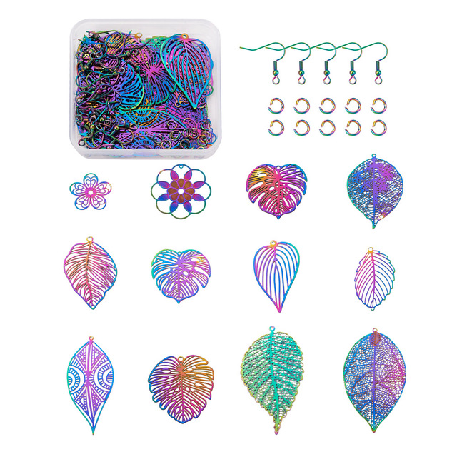 Zestaw do robienia kolczyków z kolorowymi tłoczonymi zawieszkami w kształcie liści i kwiatów z filigranowymi wisiorkami - Wianko - 8