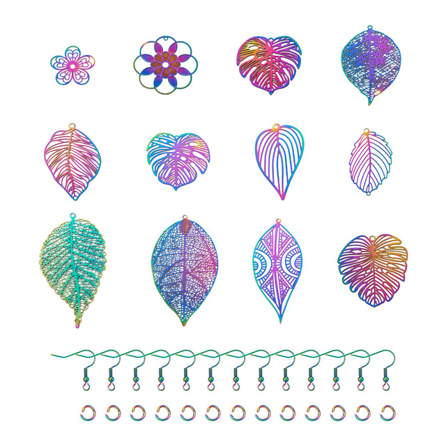 Zestaw do robienia kolczyków z kolorowymi tłoczonymi zawieszkami w kształcie liści i kwiatów z filigranowymi wisiorkami - Wianko - 2
