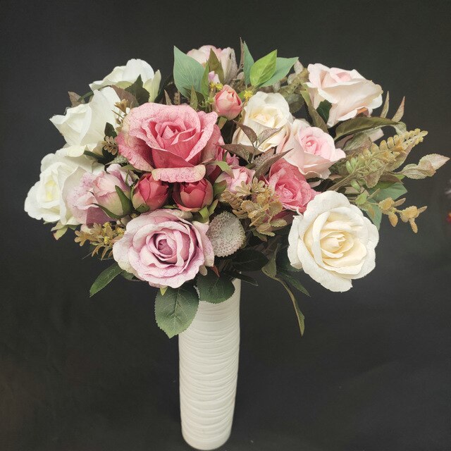 Bukiet sztucznych róż jesienią w stylu europejskim - 6 główek, z jedwabiu, idealne na ślub, retro, dekoracje stołu - Wianko - 1