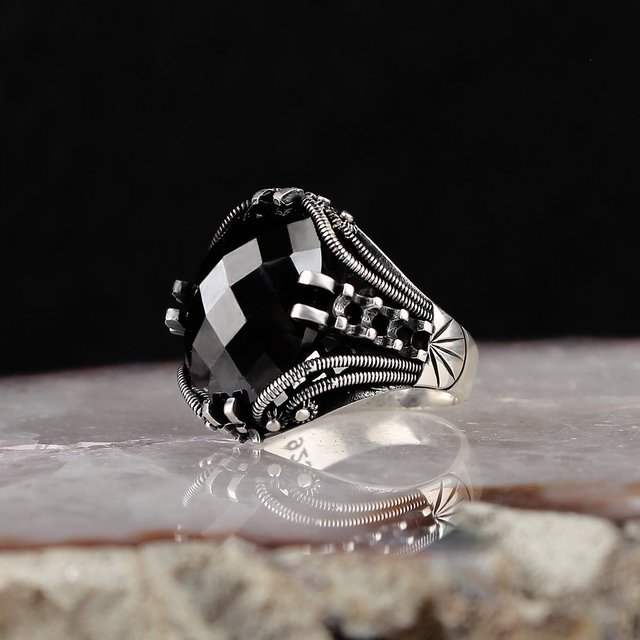 Pierścień męski z czarnym naturalnym cyrkonem, wykonany ze srebra 925, modna biżuteria z onyksem Aqeq, wszystkie rozmiary - Wianko - 1