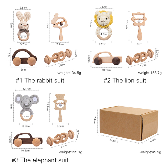 Zestaw grzechotek dla dzieci - drewniane szydełka słoń dzwony smoczek bransoletka, zabawki Montessori edukacyjne - Wianko - 6