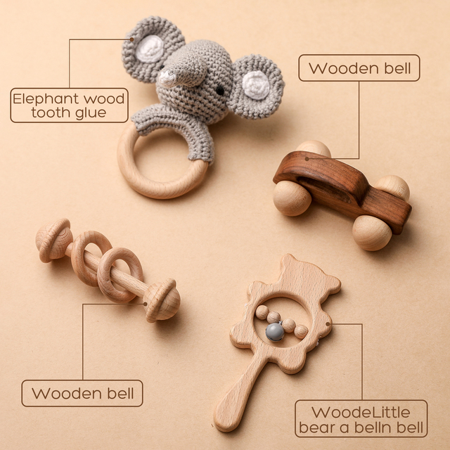 Zestaw grzechotek dla dzieci - drewniane szydełka słoń dzwony smoczek bransoletka, zabawki Montessori edukacyjne - Wianko - 1