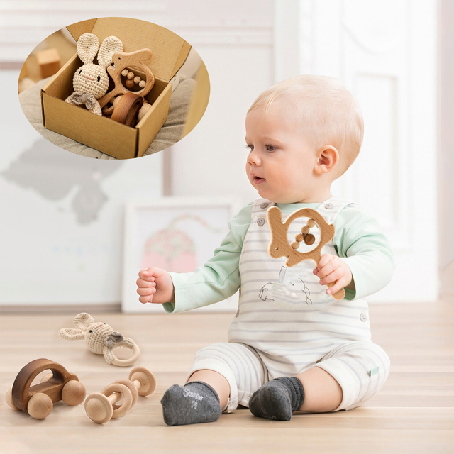 Zestaw grzechotek dla dzieci - drewniane szydełka słoń dzwony smoczek bransoletka, zabawki Montessori edukacyjne - Wianko - 4