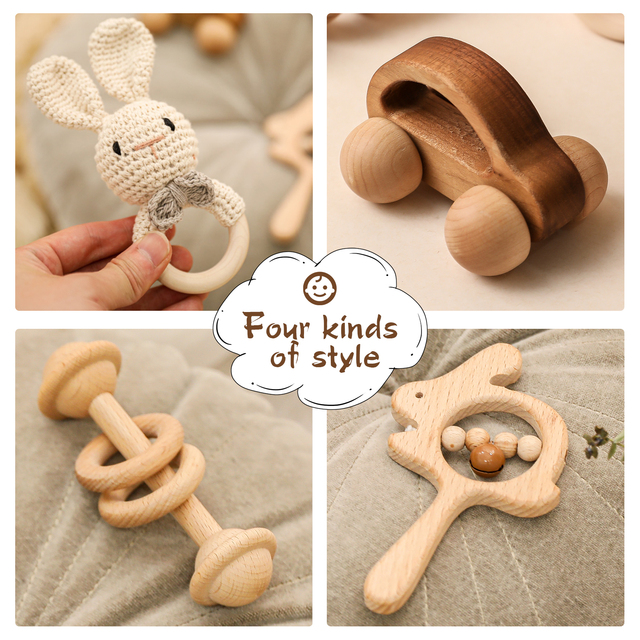 Zestaw grzechotek dla dzieci - drewniane szydełka słoń dzwony smoczek bransoletka, zabawki Montessori edukacyjne - Wianko - 3