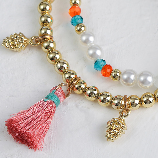 Bransoletka Boho Ladies White Pearl Multicolor Crystal Beads Handmade - zestaw 2 sztuk, różowa bransoletka z wisiorkiem Tassel - Wianko - 6