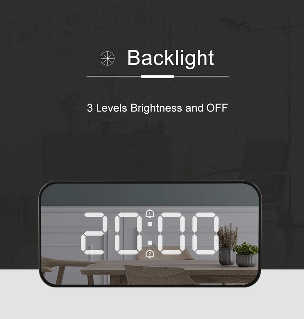 Zegar LED cyfrowy z budzikiem, temperaturą i dużym wyświetlaczem w lustrzanym obudowie, z funkcją drzemki i automatycznym podświetleniem - Wianko - 7