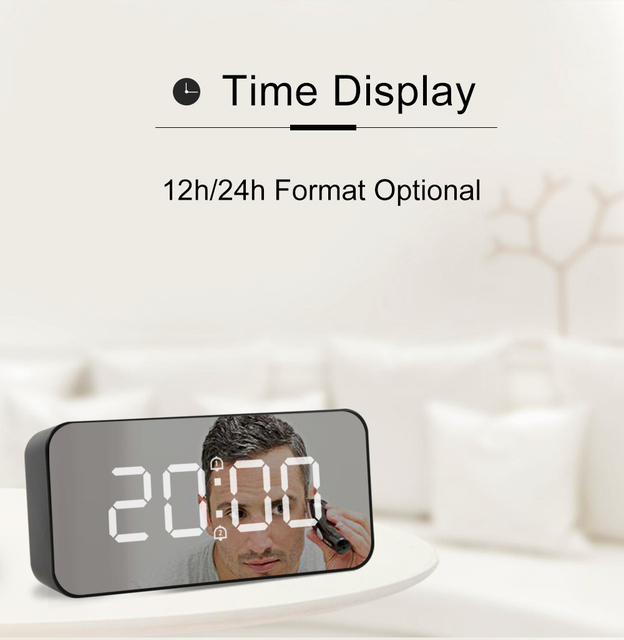 Zegar LED cyfrowy z budzikiem, temperaturą i dużym wyświetlaczem w lustrzanym obudowie, z funkcją drzemki i automatycznym podświetleniem - Wianko - 2