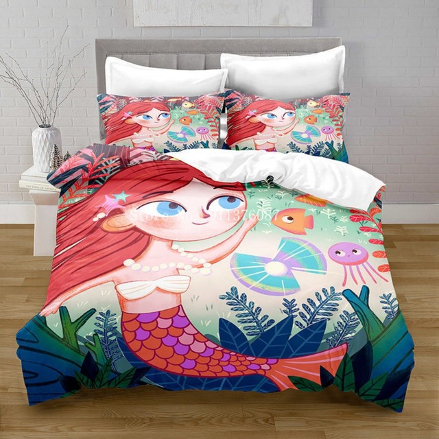 Pościel Cartoon syrenka księżniczka dla dzieci - zestaw podwójny, pełne Queen rozmiary kołdry, pokrowce na poduszki dla dziewcząt do łóżka sypialnianego - Wianko - 5