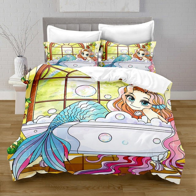 Pościel Cartoon syrenka księżniczka dla dzieci - zestaw podwójny, pełne Queen rozmiary kołdry, pokrowce na poduszki dla dziewcząt do łóżka sypialnianego - Wianko - 4