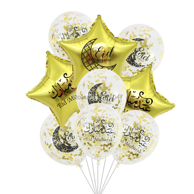 Dekoracja na święto Eid Mubarak: Balon z motywem islamu, muzułmanina, nowy rok festival, jasne złoto, srebro, konfetti, folia, gwiazda i drukowany baner - Wianko - 1
