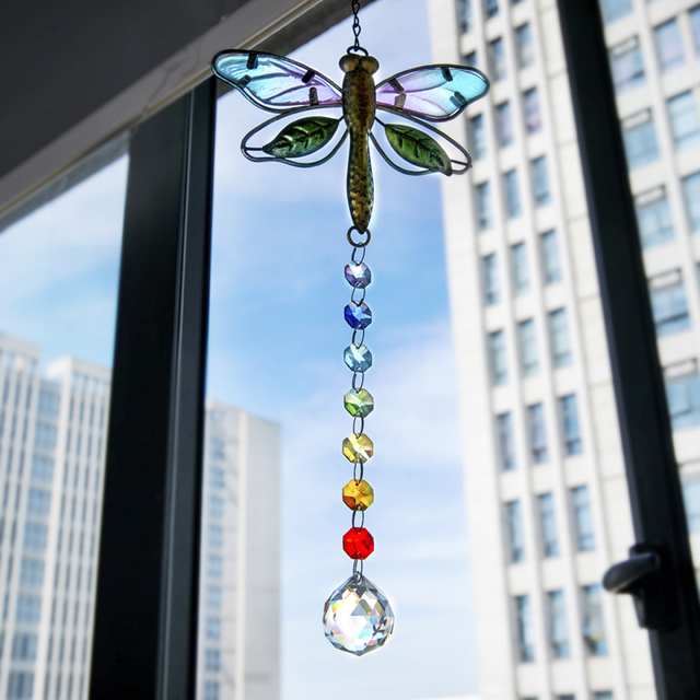 Wiszący ornament do przydomowego ogrodu - Kryształowa czakra piłka Suncatcher z metalową ważką tworząca tęczę - Wianko - 7