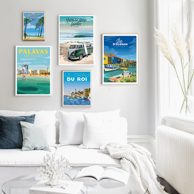 Plakat i druk na płótnie krajobrazu nadmorskiej turystyki w stylu vintage – dekoracja domu w niebieskich odcieniach w Amsterdamie i Lizbonie - Wianko - 3