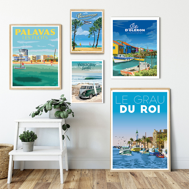 Plakat i druk na płótnie krajobrazu nadmorskiej turystyki w stylu vintage – dekoracja domu w niebieskich odcieniach w Amsterdamie i Lizbonie - Wianko - 4