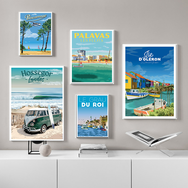 Plakat i druk na płótnie krajobrazu nadmorskiej turystyki w stylu vintage – dekoracja domu w niebieskich odcieniach w Amsterdamie i Lizbonie - Wianko - 2