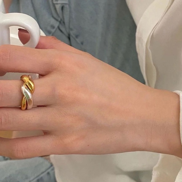 Pierścień żółty/champagne/srebrny twist - modny dodatek 2021 dla kobiet i dziewcząt - biżuteria para, pasująca na dwa palce - prezent z metalu - Wianko - 3