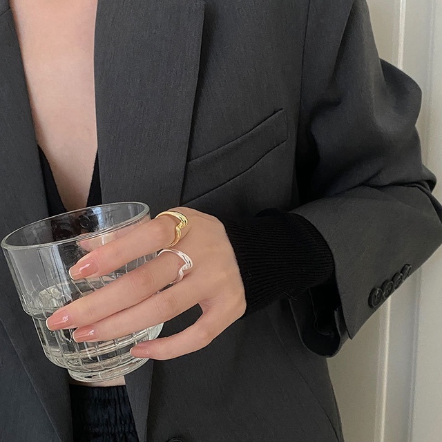 Pierścień żółty/champagne/srebrny twist - modny dodatek 2021 dla kobiet i dziewcząt - biżuteria para, pasująca na dwa palce - prezent z metalu - Wianko - 2