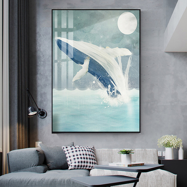 Kreatywny obraz ścienny na płótnie z kreskówkowym morskim niebieskim wielorybem - nordyckie inspiracje dla przedszkola i salonu domowego - Wianko - 6