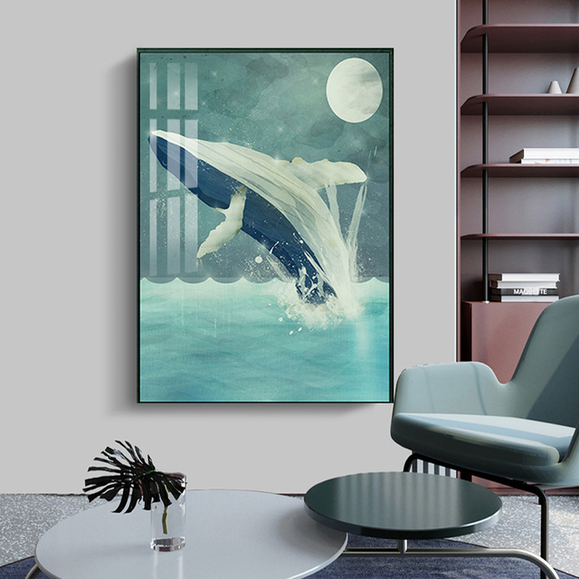 Kreatywny obraz ścienny na płótnie z kreskówkowym morskim niebieskim wielorybem - nordyckie inspiracje dla przedszkola i salonu domowego - Wianko - 5