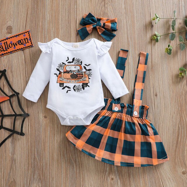 Zestaw ubrań dla dziewczynek Ma & Baby Halloween 0-24M z długim rękawem, w kształcie dyni, w kratę - samochód Romper i spódnice - Wianko - 1