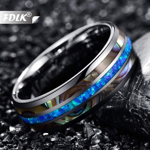 Męski pierścionek zaręczynowy z niebieskim opalem i muszlami, szerokość 8 mm, ze stali nierdzewnej, rozmiar 6-13 - Wianko - 2