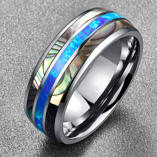 Męski pierścionek zaręczynowy z niebieskim opalem i muszlami, szerokość 8 mm, ze stali nierdzewnej, rozmiar 6-13 - Wianko - 5