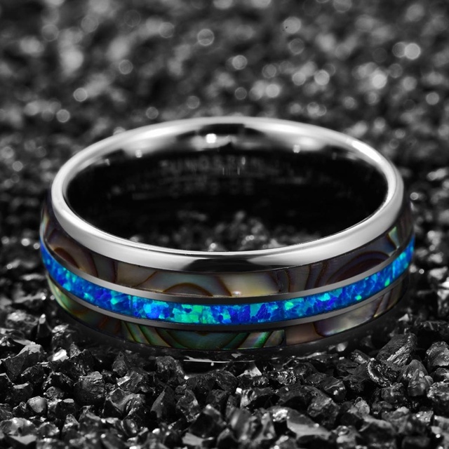 Męski pierścionek zaręczynowy z niebieskim opalem i muszlami, szerokość 8 mm, ze stali nierdzewnej, rozmiar 6-13 - Wianko - 3