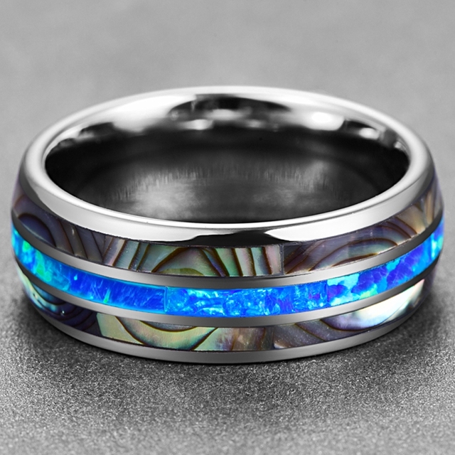 Męski pierścionek zaręczynowy z niebieskim opalem i muszlami, szerokość 8 mm, ze stali nierdzewnej, rozmiar 6-13 - Wianko - 6